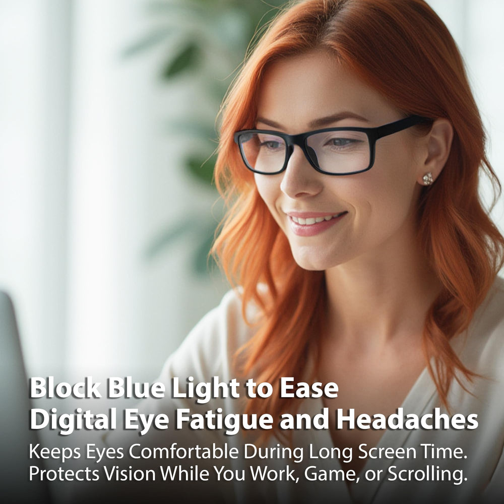 BLUE CUT glasses in case with microfiber cloth for protection and cleaning.