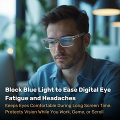 Blue Cut glasses with magnification option ideal for reading tasks.