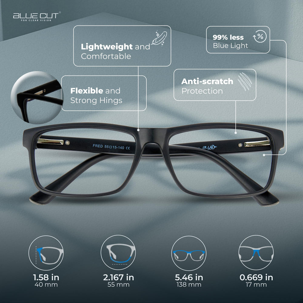 BLUE CUT glasses on face at desk reducing eye strain during work.