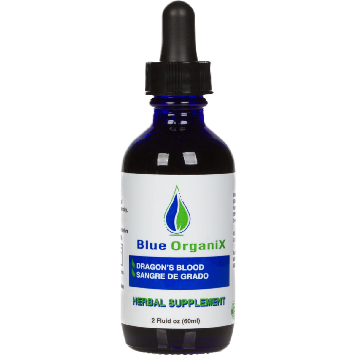Blue Organix dragon blood liquid bottle for gums support and daily care.