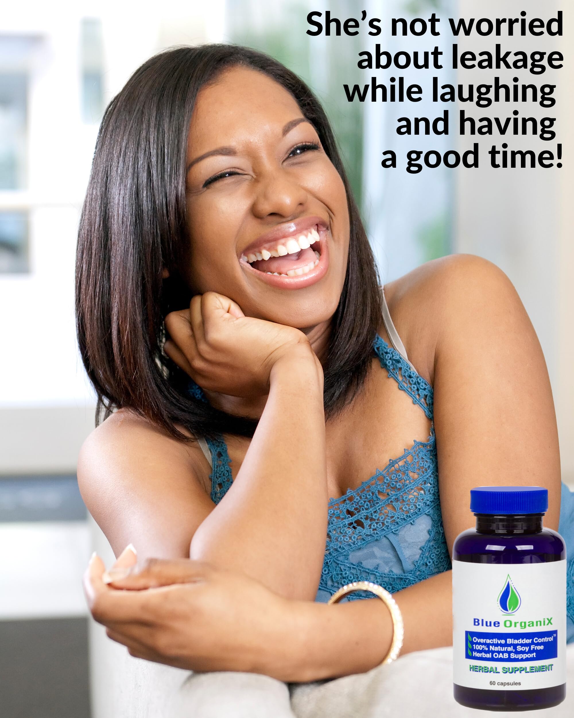 Blue Organix Overactive Bladder capsules closeup, showing vegetarian capsules for convenient daily use