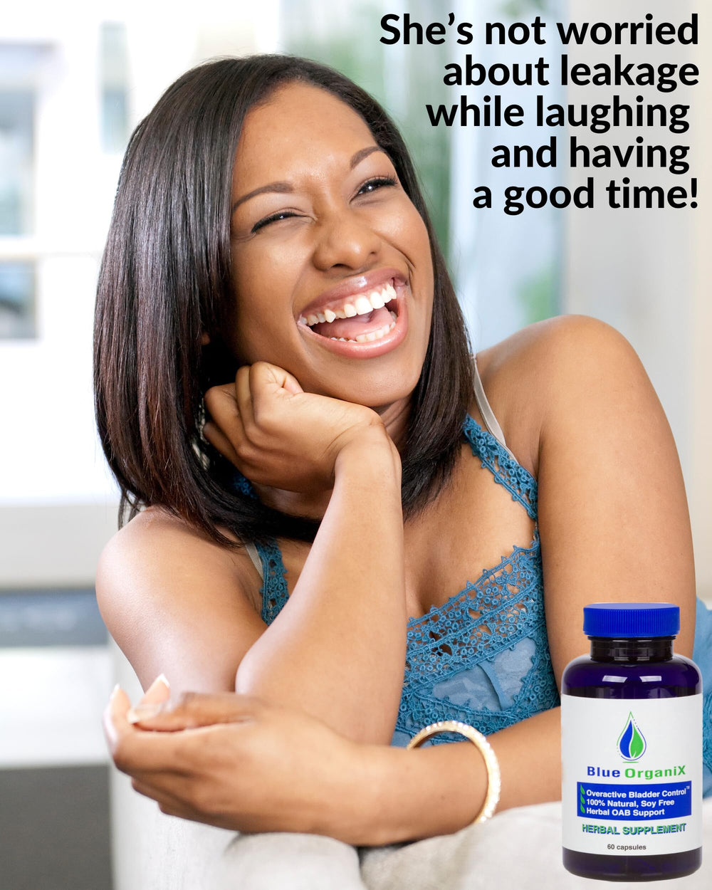 Blue Organix Overactive Bladder capsules closeup, showing vegetarian capsules for convenient daily use