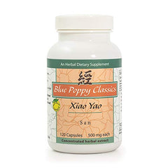 Blue Poppy Xiao Yao San capsules bottle view, potential daily balance support.