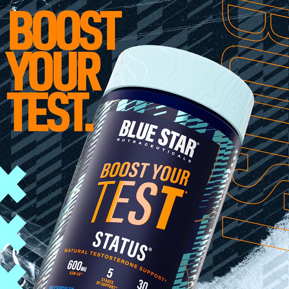 Blue Star Status bottle back label detailing ingredients for stamina support.