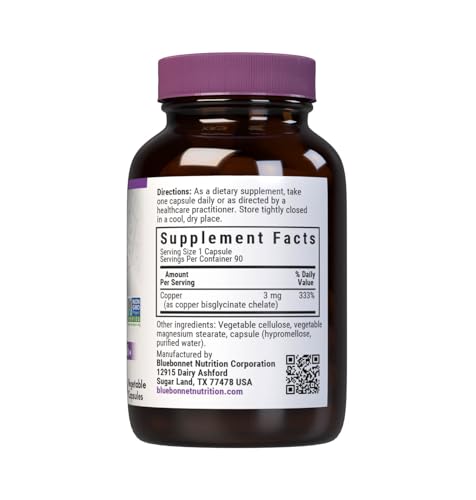 BlueBonnet Albion copper bisglycinate capsules in bottle showing vegan option