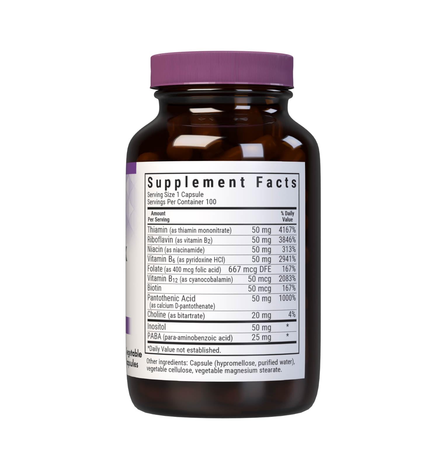 BlueBonnet B Complex bottle back with nutrition details and allergen info