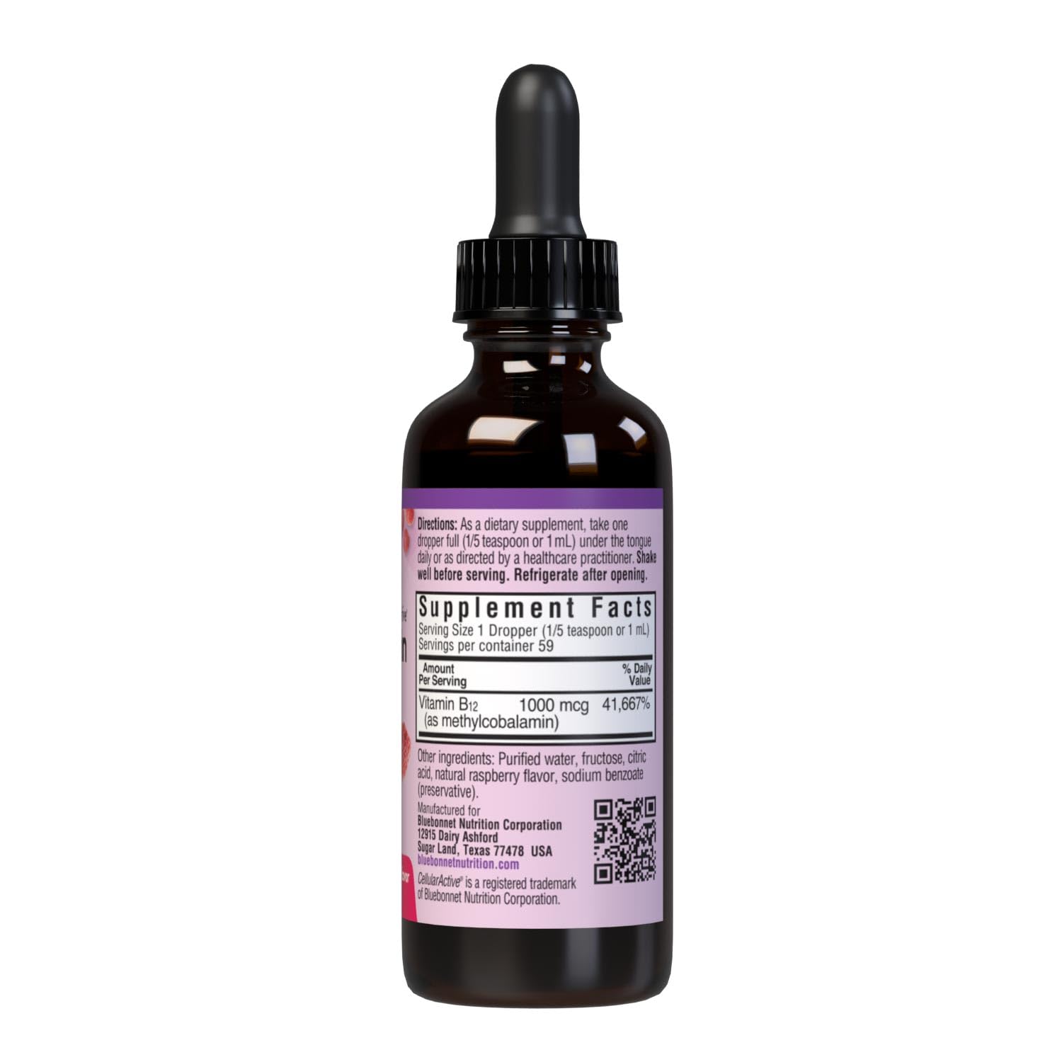 BlueBonnet B12 liquid drops serving graphic shows 59 servings per bottle.