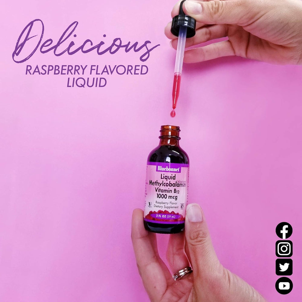 BlueBonnet B12 liquid drops label displaying 1000 mcg methylcobalamin.