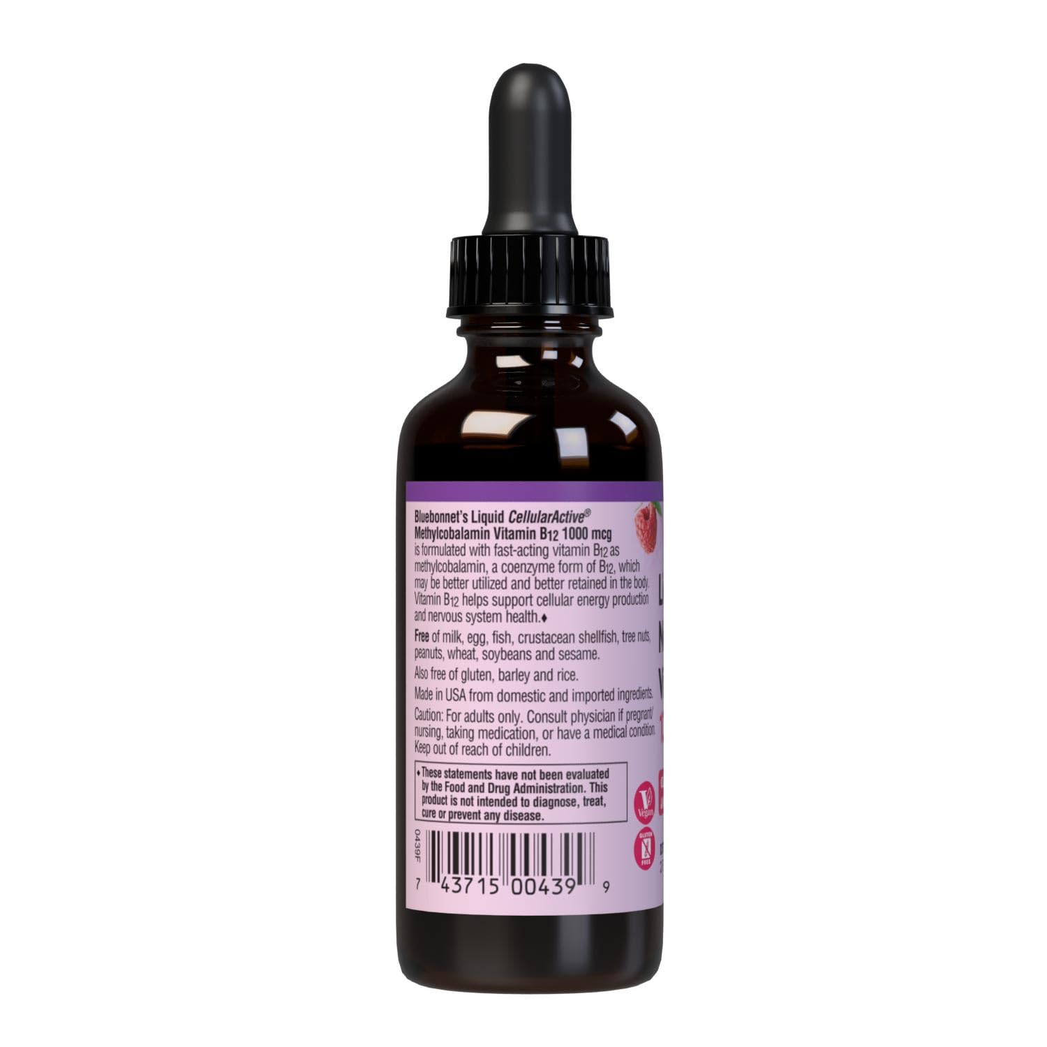 BlueBonnet B12 liquid drops packaging on shelf highlighting vegan, allergen-free features.