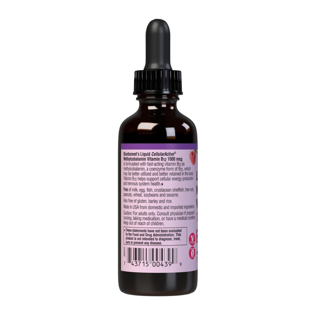 BlueBonnet B12 liquid drops packaging on shelf highlighting vegan, allergen-free features.