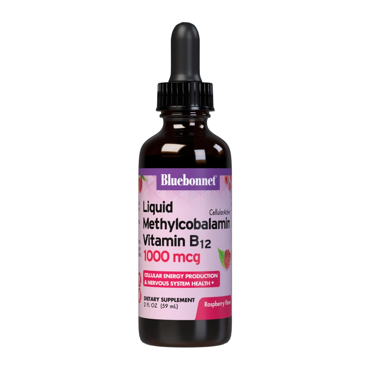 BlueBonnet B12 liquid drops pour bottle with raspberry flavor for quick absorption.