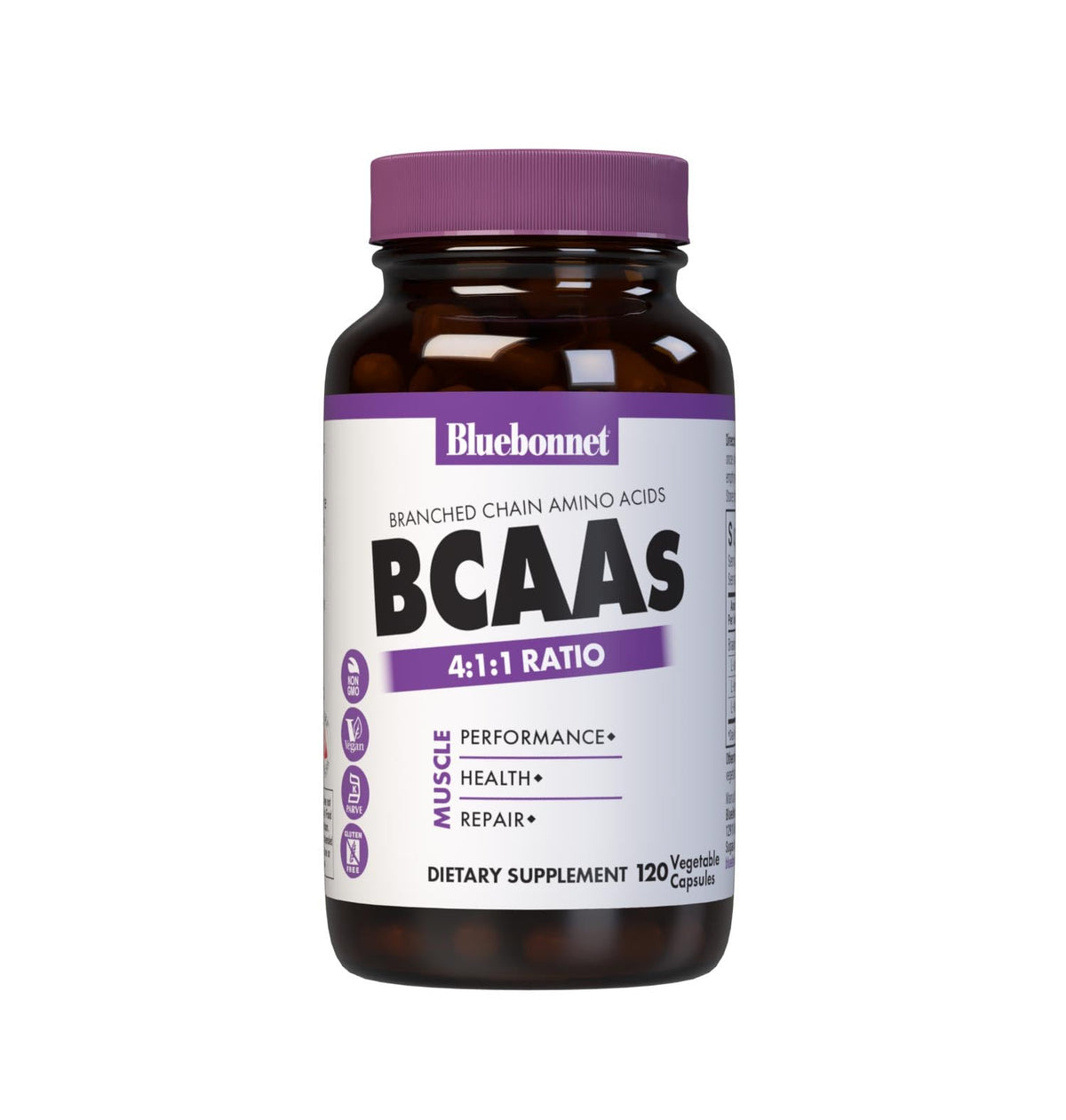 BlueBonnet BCAAs capsules in bottle highlighting 4:1:1 ratio for muscle support.