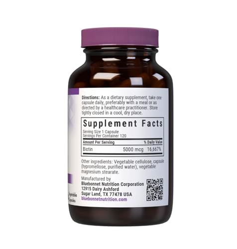 BlueBonnet Biotin 5000mcg capsules show plant-based, allergy-friendly formula.