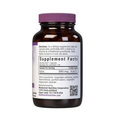 BlueBonnet Biotin 5000mcg capsules show plant-based, allergy-friendly formula.