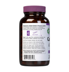 Bluebonnet Calcium Citrate label on amber glass bottle highlighting potency and sustainability
