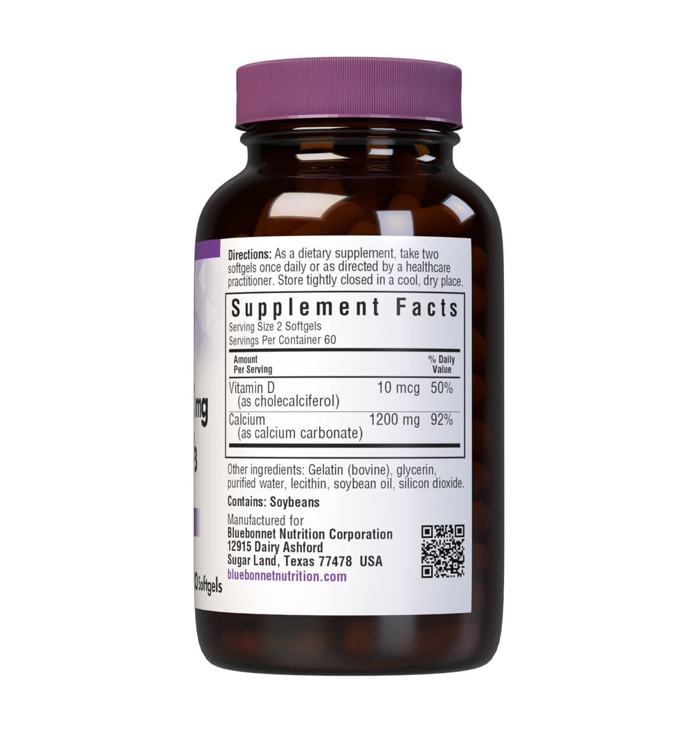 Bluebonnet Calcium softgels glass bottle displays premium, allergen-free calcium for daily use.