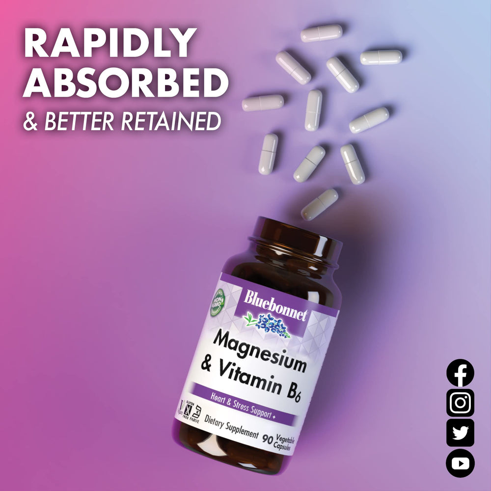 BlueBonnet Magnesium & B6 capsules in hand for daily use.