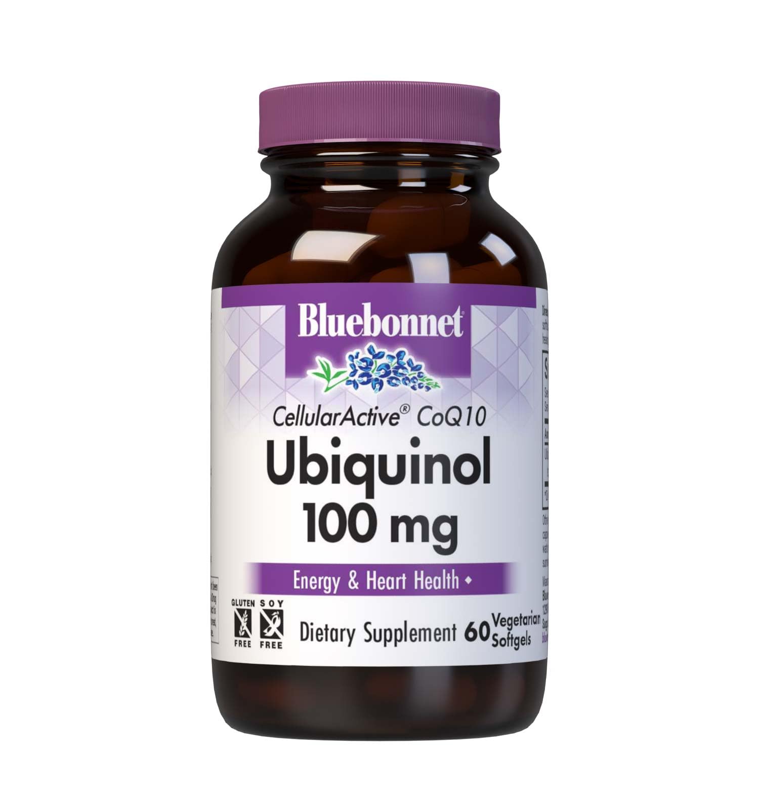Bluebonnet CellularActive CoQ10 ubiquinol softgels in maroon bottle support energy.
