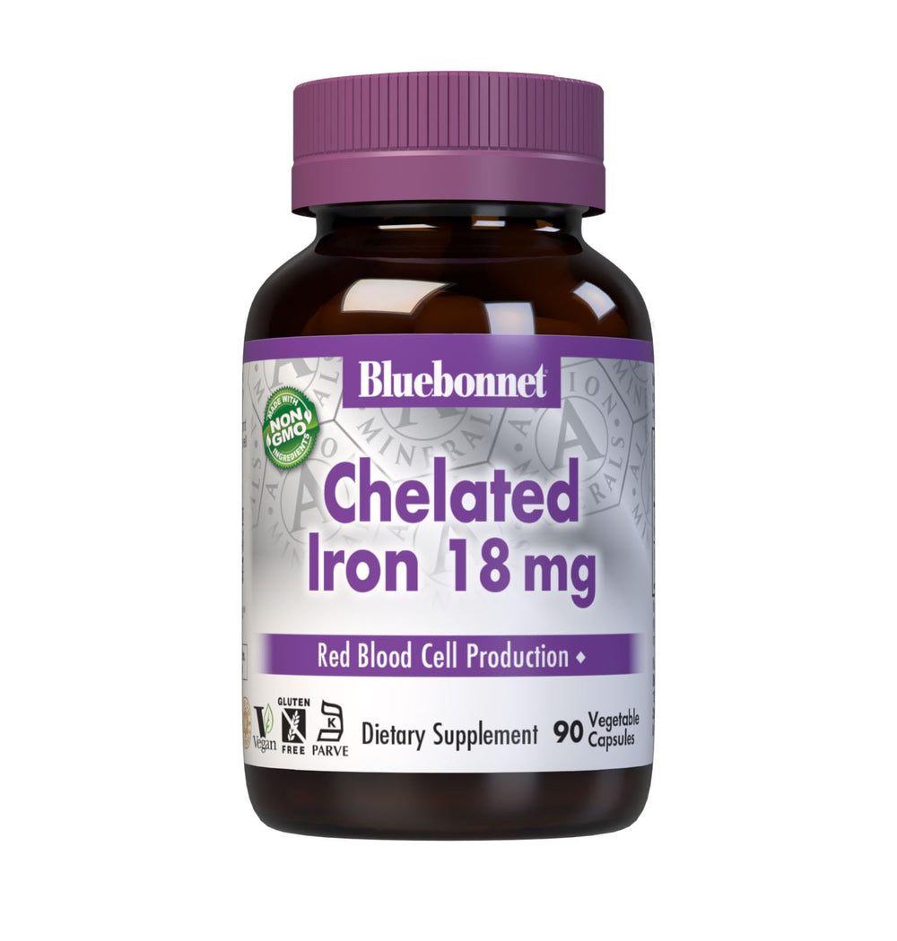 Bluebonnet Chelated Iron 18 mg capsules (vegetable capsules) for gentle iron support.