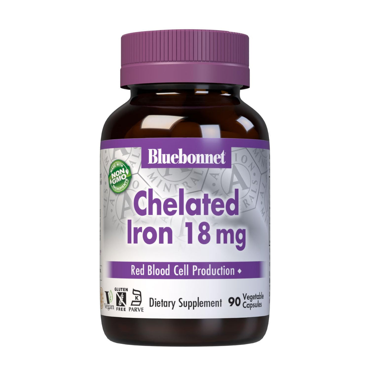 Bluebonnet Chelated Iron 18 mg capsules (vegetable capsules) for gentle iron support.