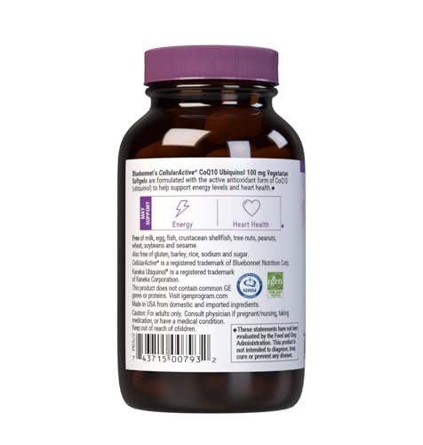 Bluebonnet CoQ10 ubiquinol softgels vegetarian form shown.