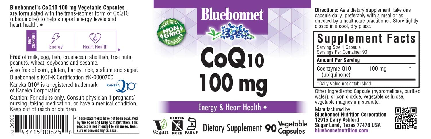BlueBonnet CoQ-10 vegetarian capsules packshot highlighting vegan, non-GMO formula