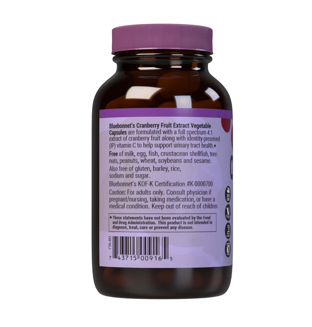 Bluebonnet Cranberry Fruit Extract label highlights non-GMO kosher-certified wellness features