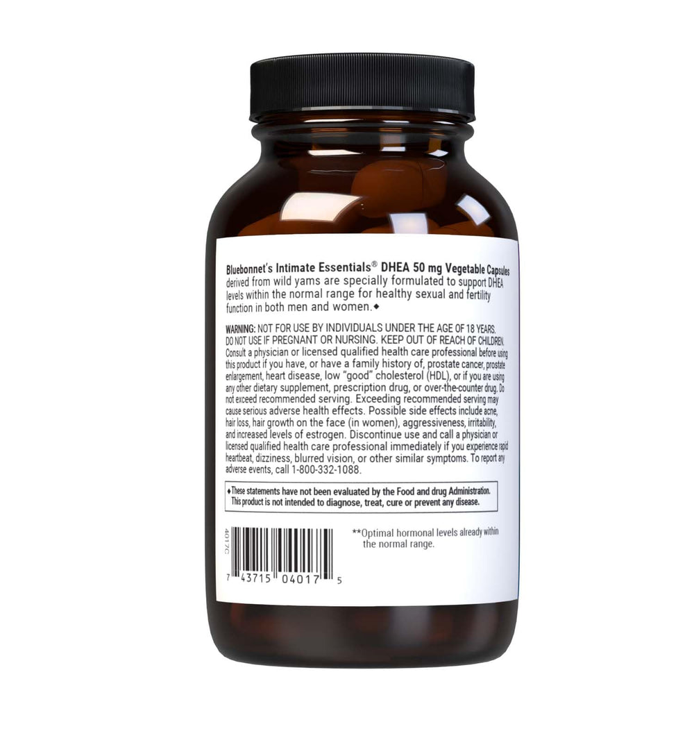 BlueBonnet DHEA 50mg label on packaging highlighting simple daily use