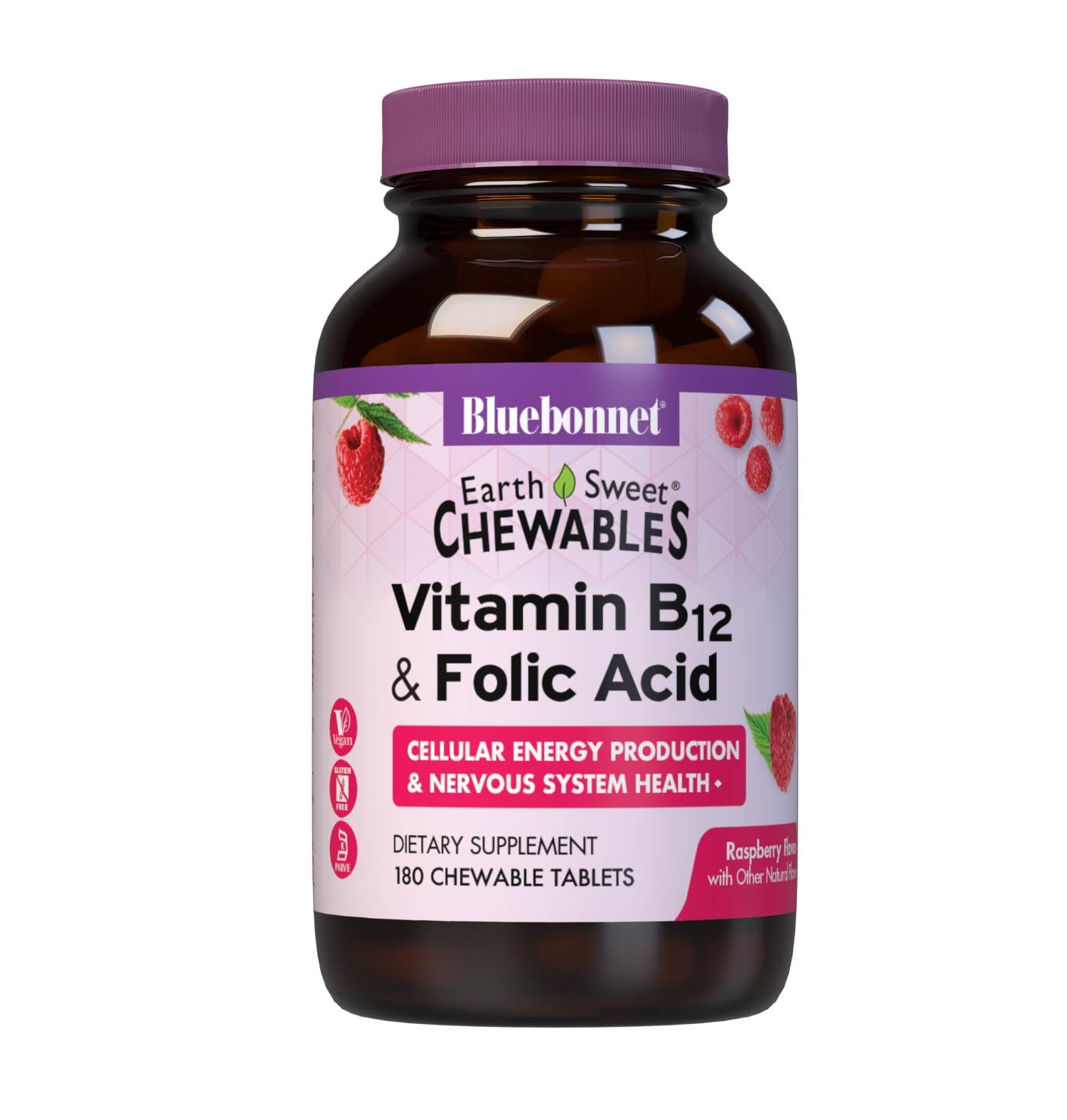 BlueBonnet EarthSweet B12 raspberry chewables in a bottle for daily energy support