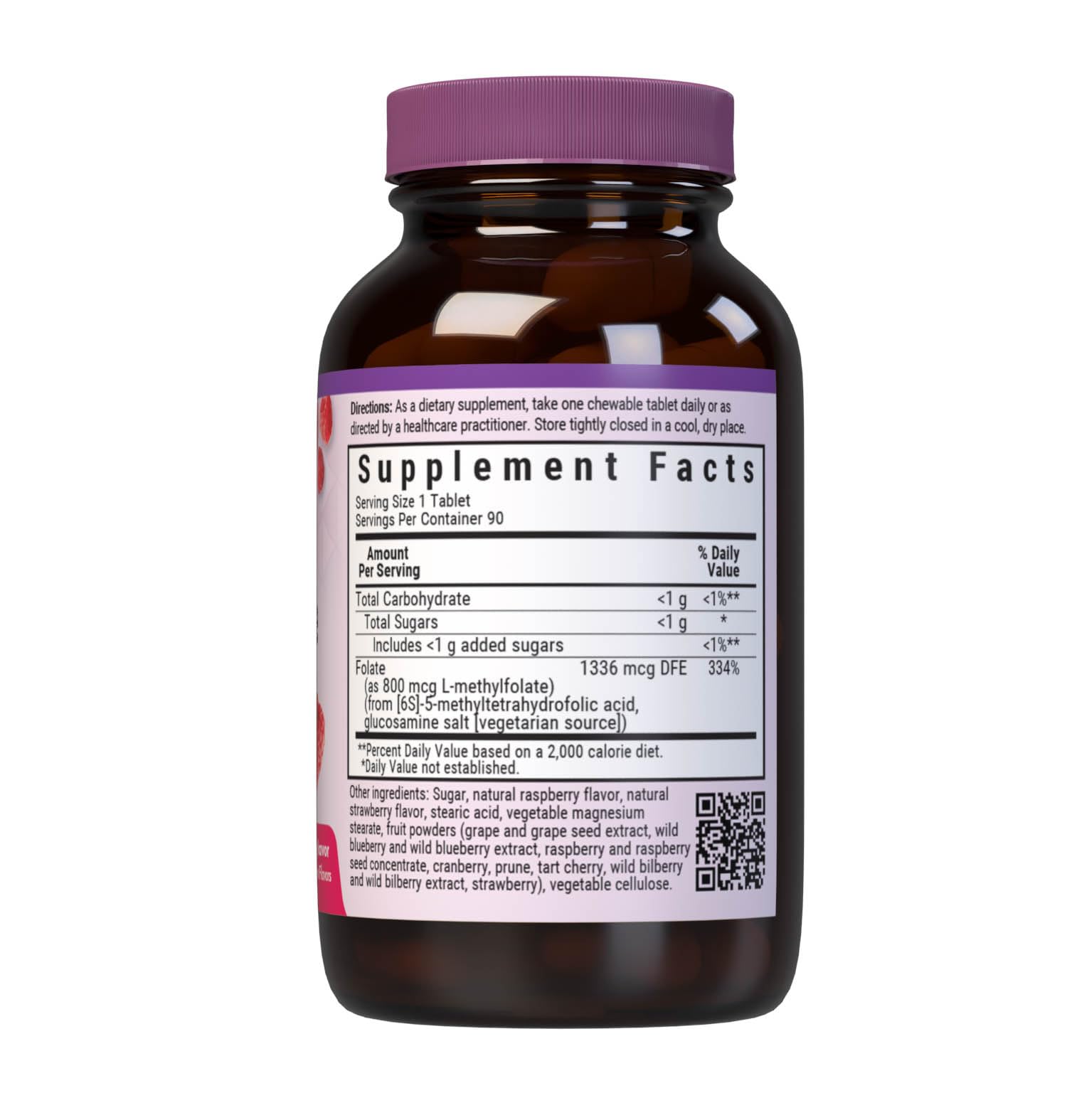 BlueBonnet EarthSweet 800 mcg methylfolate chewables with raspberry flavor for energy.