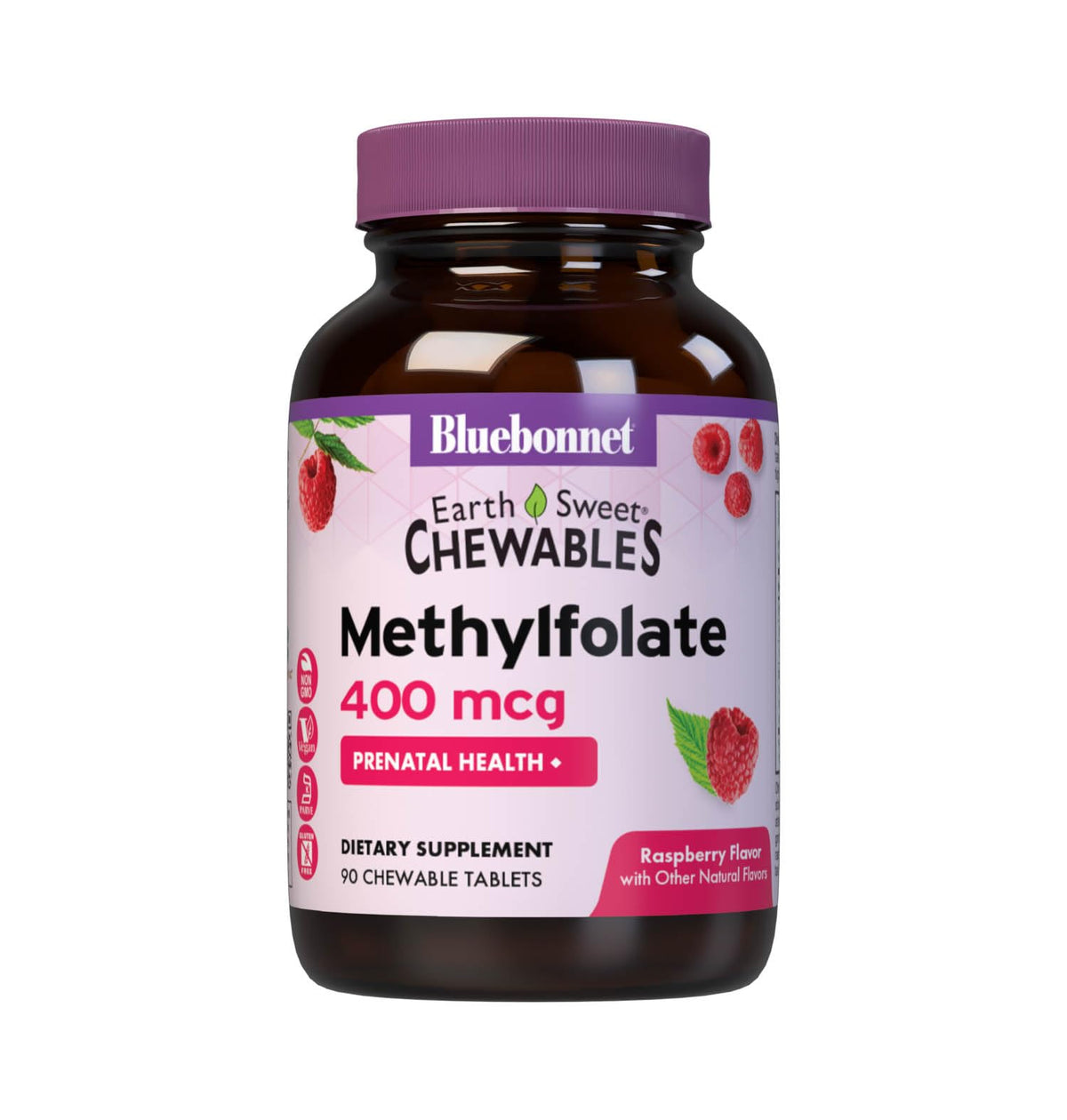 BlueBonnet EarthSweet methylfolate bottle showing 400 mcg dose for prenatal energy support.