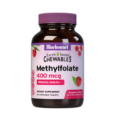 BlueBonnet EarthSweet methylfolate bottle showing 400 mcg dose for prenatal energy support.