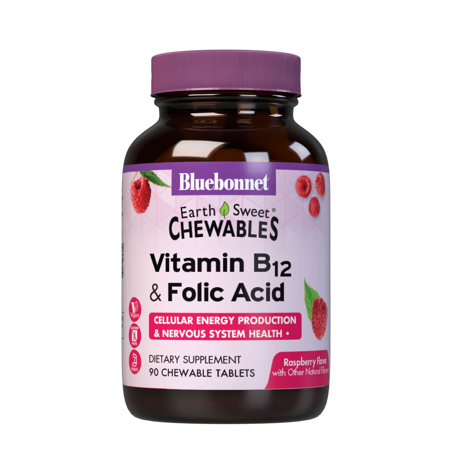 BlueBonnet EarthSweet raspberry chewable bottle with B12 and folic acid, convenient daily use
