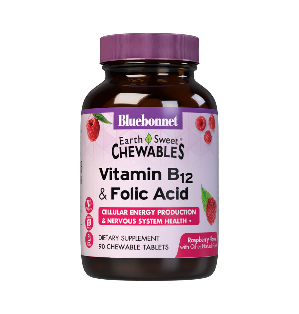 BlueBonnet EarthSweet raspberry chewable bottle with B12 and folic acid, convenient daily use