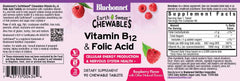 BlueBonnet EarthSweet raspberry chewables close-up, easy-to-take vegan Vitamin B12 and folic acid