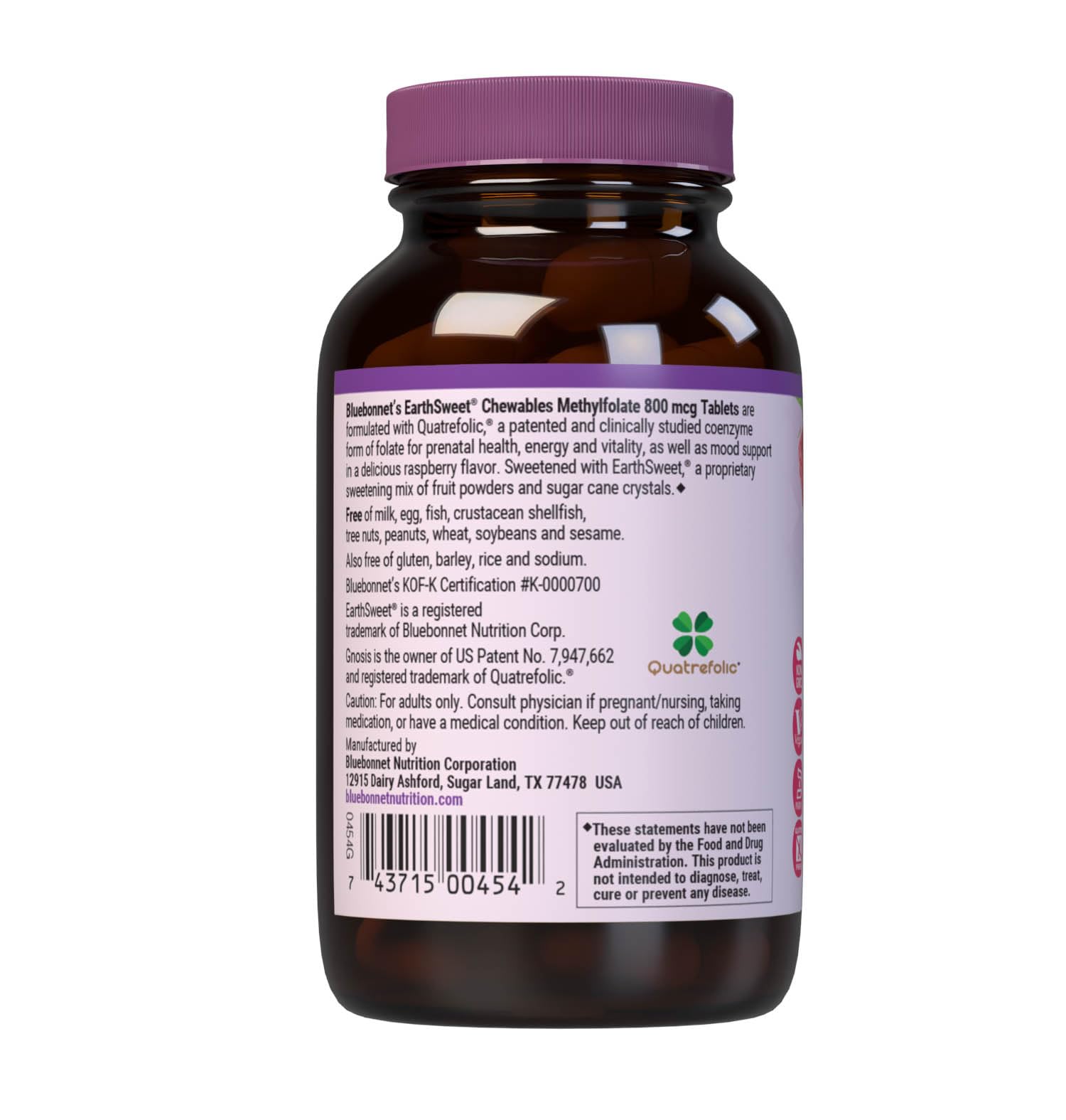 BlueBonnet EarthSweet raspberry methylfolate tablets for vegan daily use.
