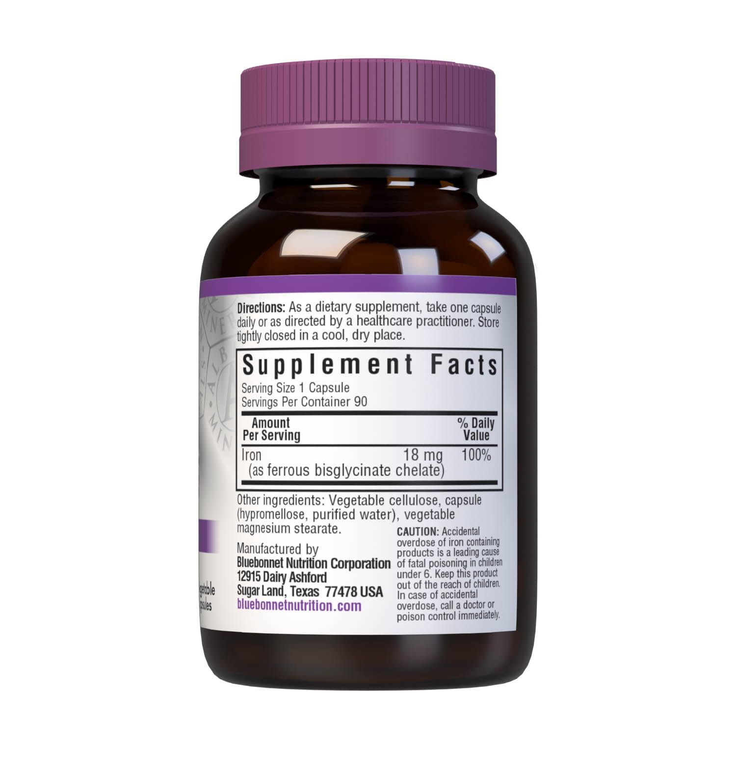 Bluebonnet ferrous bisglycinate iron vegetable capsules supporting gentle absorption.