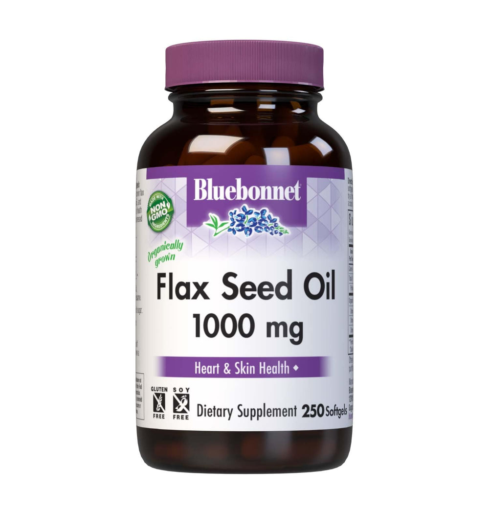 BlueBonnet flax seed oil bottle highlighting cold-pressed, non-GMO formulation for daily wellness.