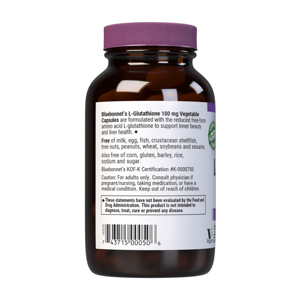 BlueBonnet L-Glutathione label front showing non-GMO vegan kosher certifications