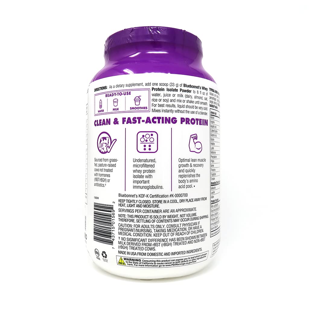 BlueBonnet whey isolate chocolate shake beside glass showcasing creamy flavor.