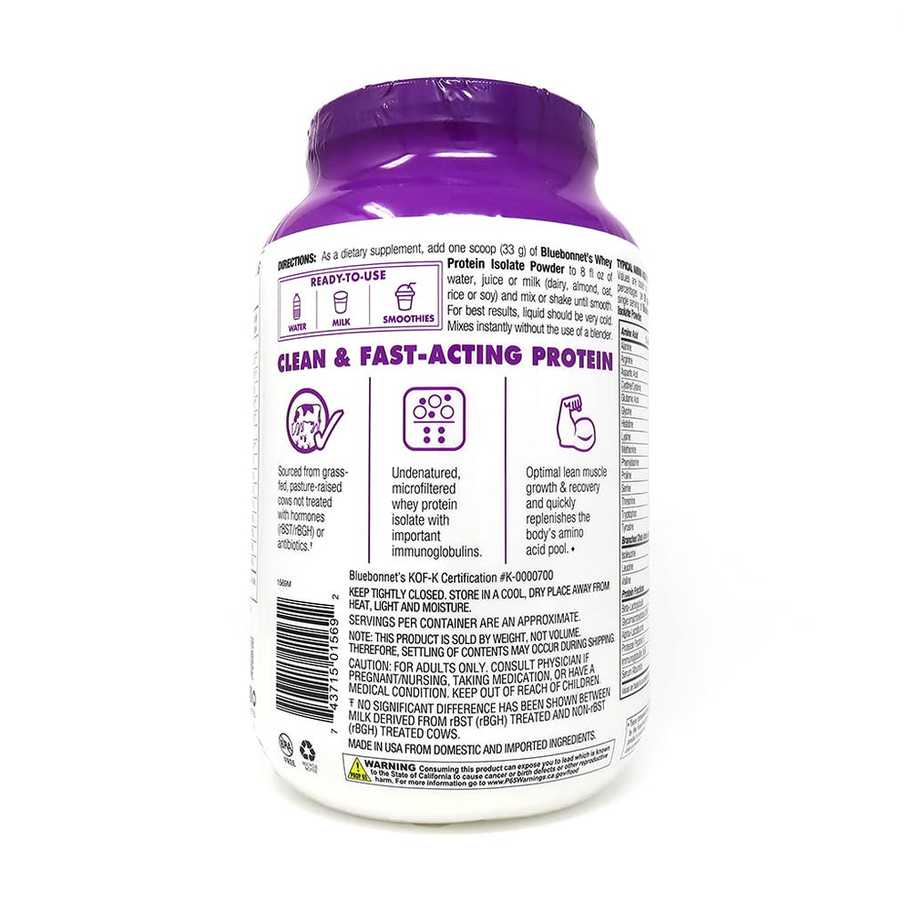 BlueBonnet whey isolate chocolate shake beside glass showcasing creamy flavor.