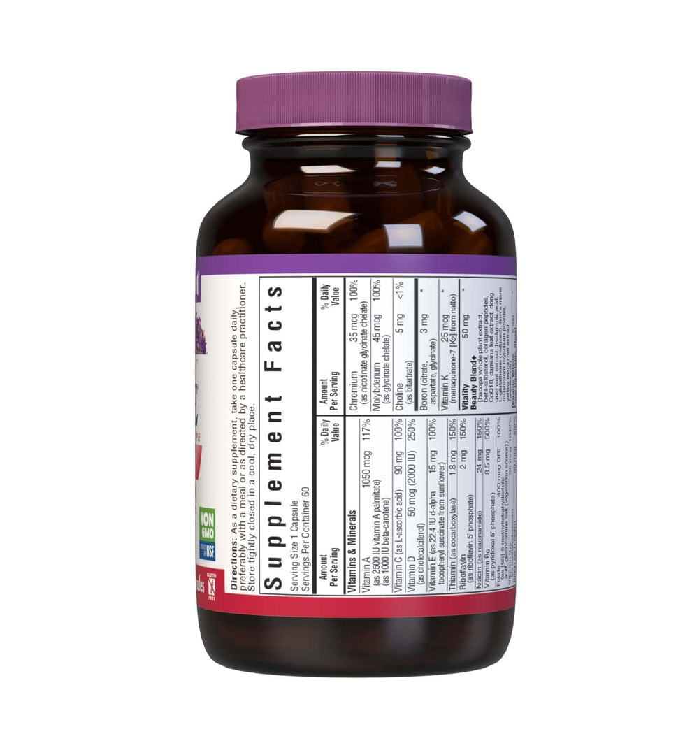 BlueBonnet Ladies' ONE 40+ label close-up with nutrition details for clarity.