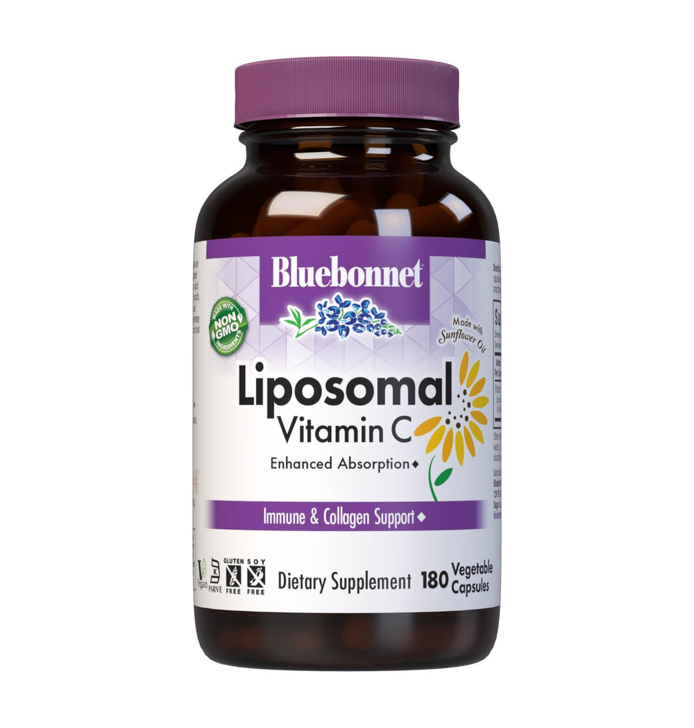 BlueBonnet Liposomal Vitamin C bottle close-up highlighting 90 servings and vegan formula
