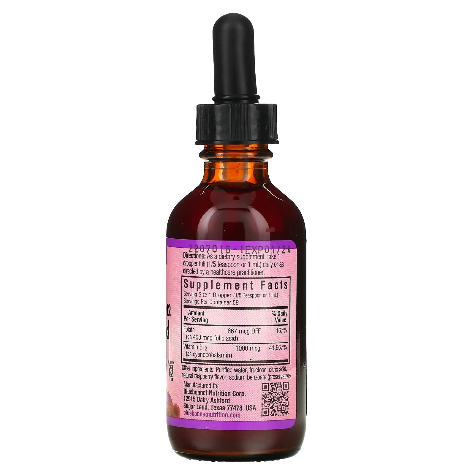 Bluebonnet Raspberry liquid drops highlight vegan, allergen-free formula.
