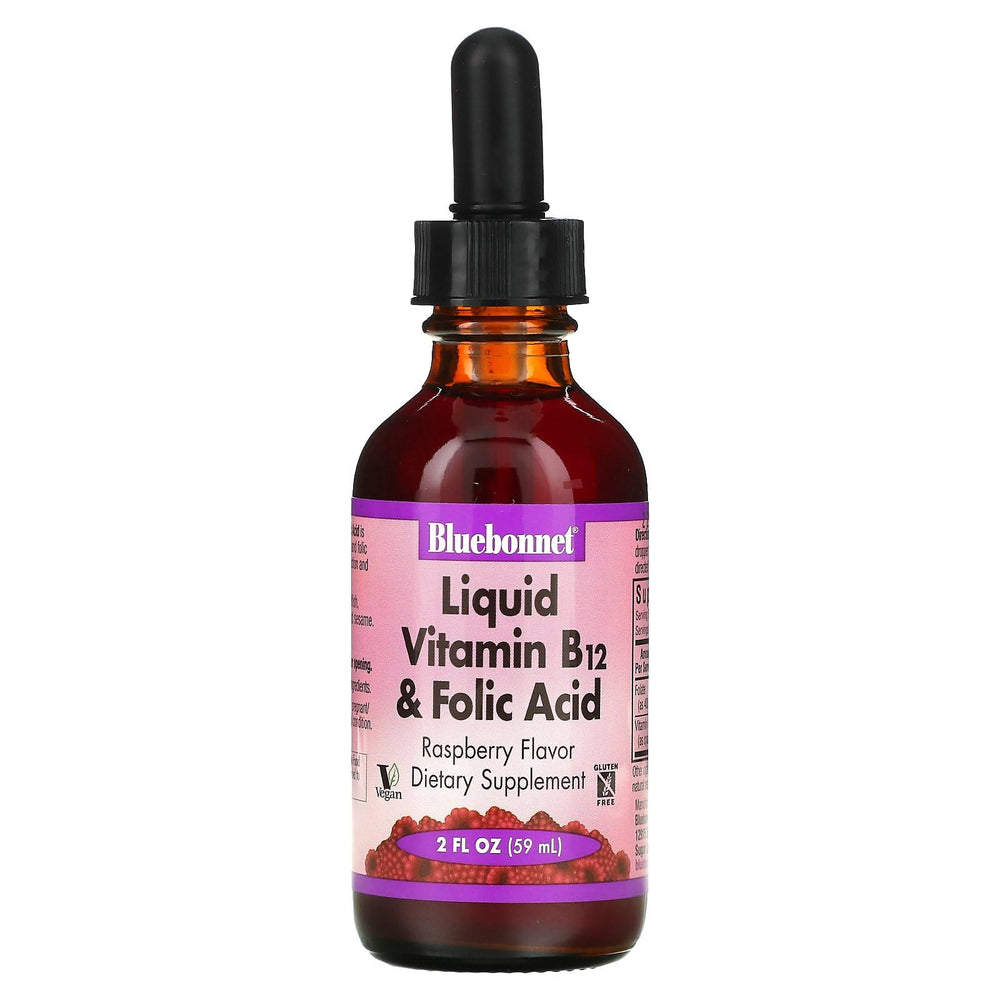 Bluebonnet Raspberry liquid B12 and folic drops may support energy production.