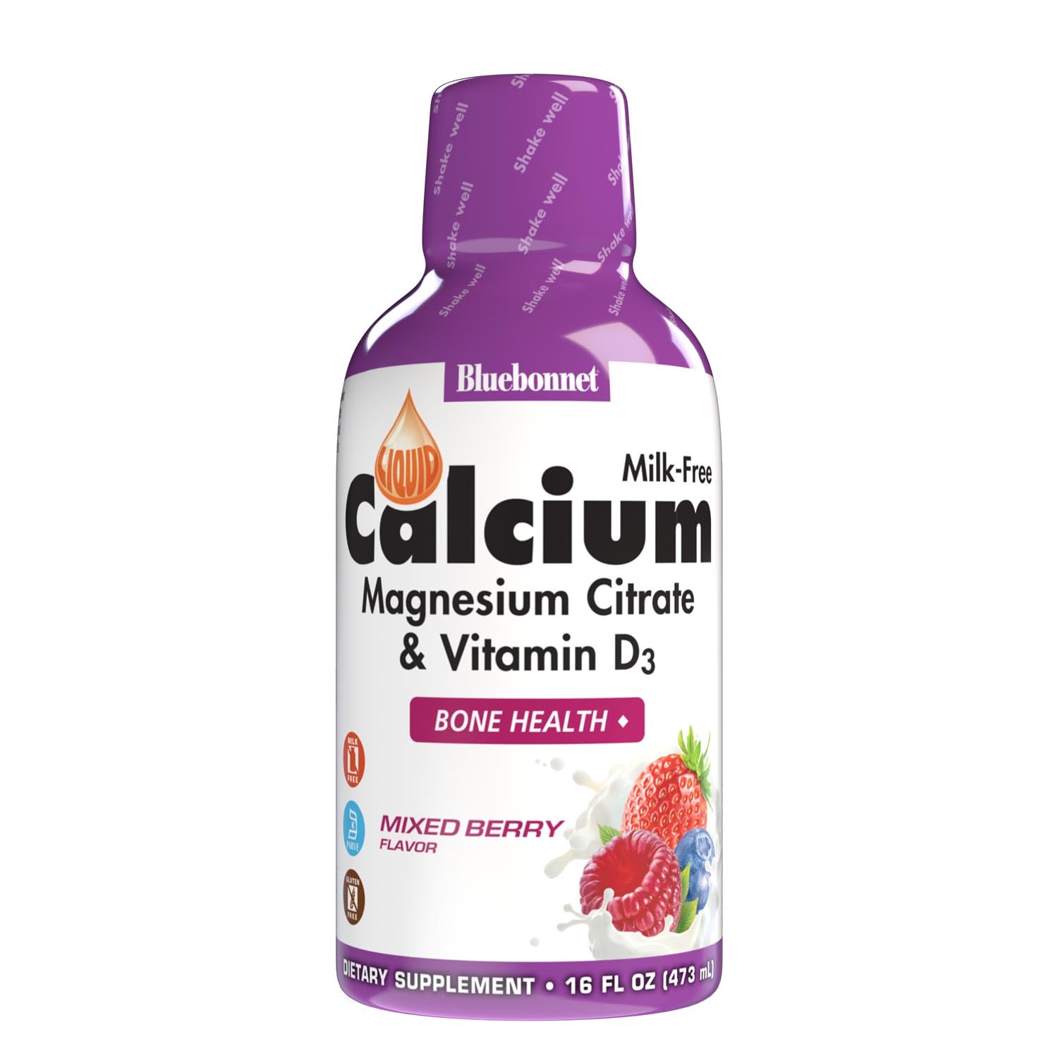 Bluebonnet Liquid Calcium Citrate bottle highlights bone health in a gluten-free formula.