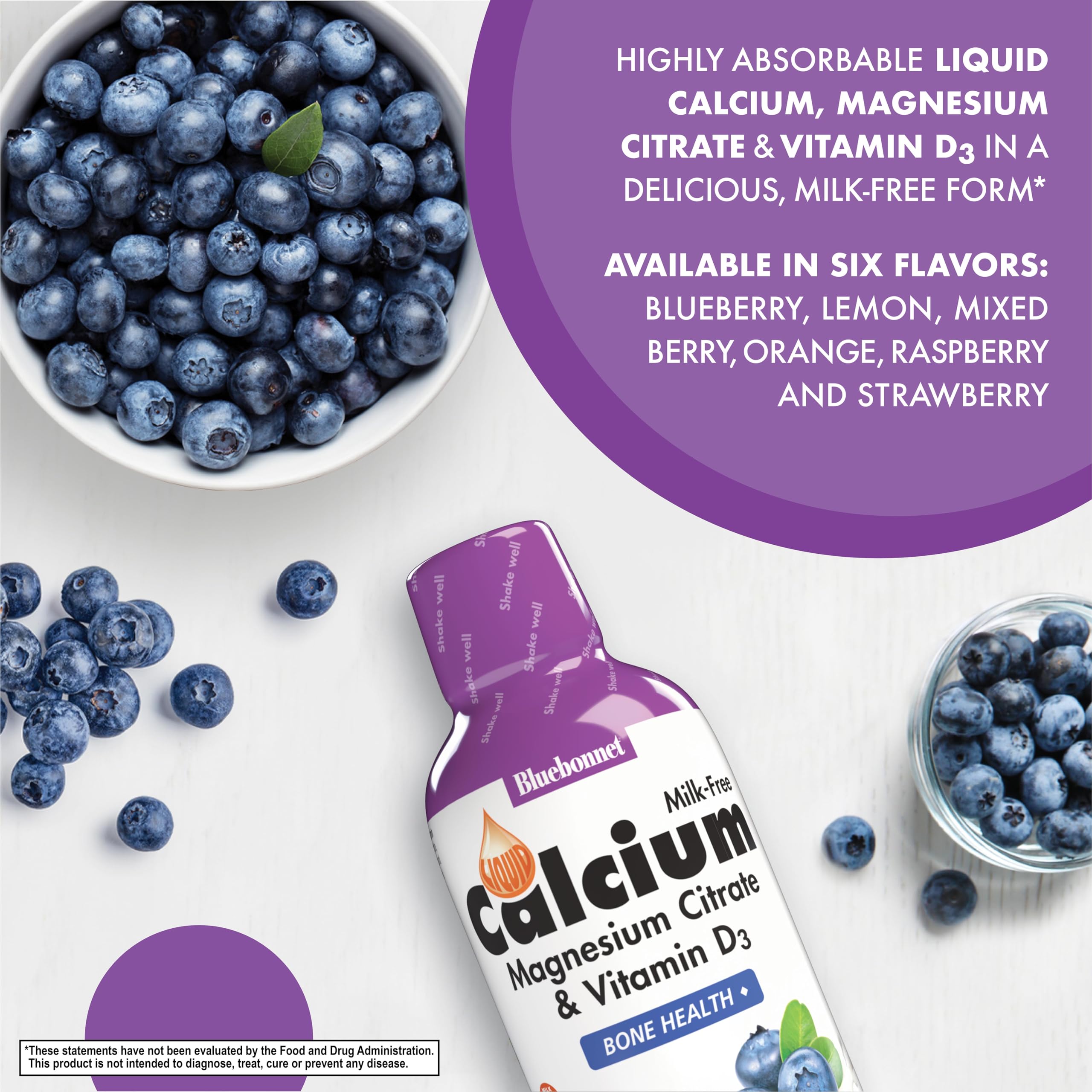 BlueBonnet liquid calcium citrate ingredients panel highlights chelated minerals and vitamin D3.
