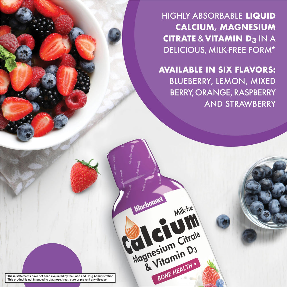 Bluebonnet Liquid Calcium Citrate label emphasizes vitamin D3 and mixed berry flavor.