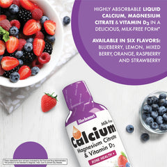 Bluebonnet Liquid Calcium Citrate label emphasizes vitamin D3 and mixed berry flavor.