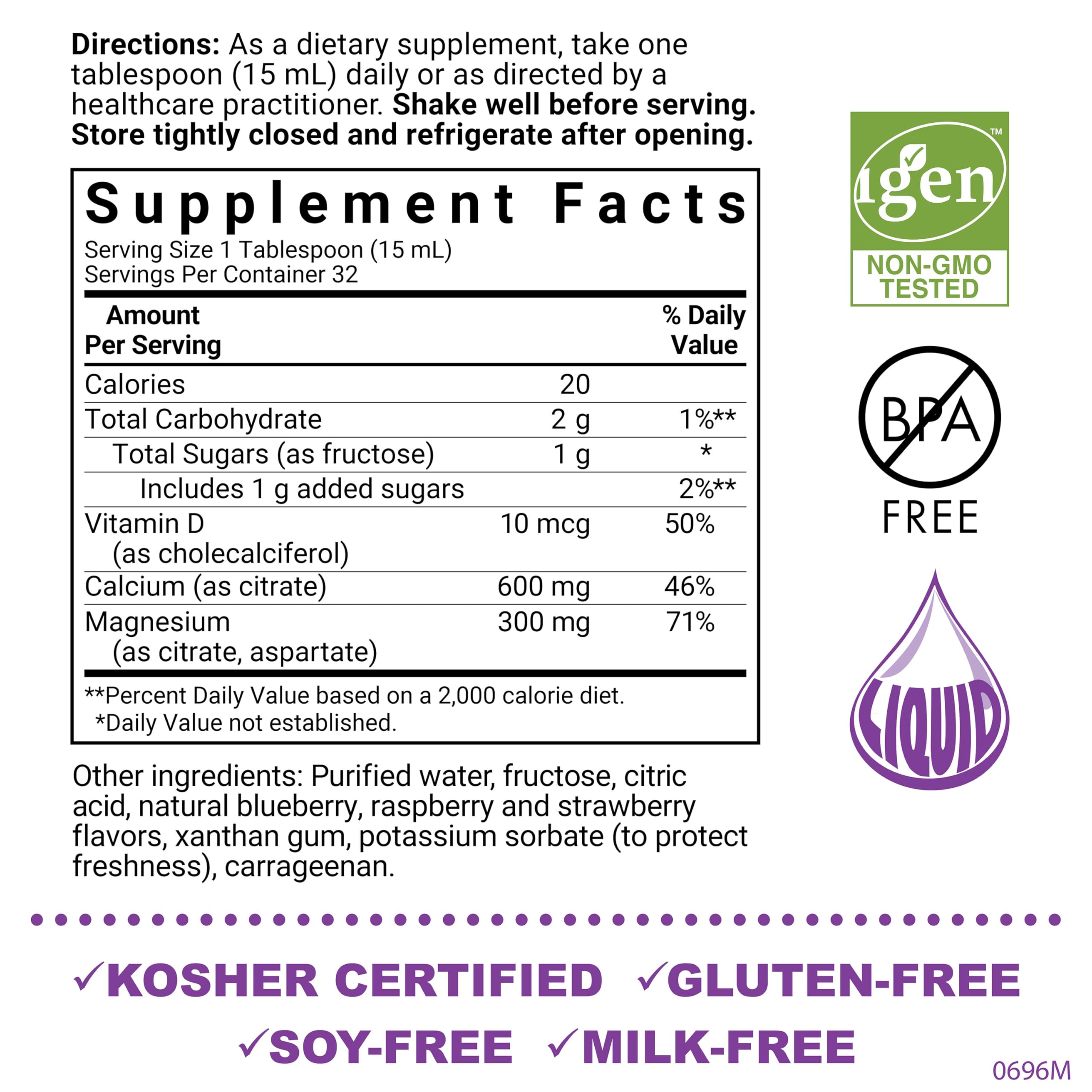 Bluebonnet Liquid Calcium Citrate pour demonstrates convenient daily dosing for active adults.